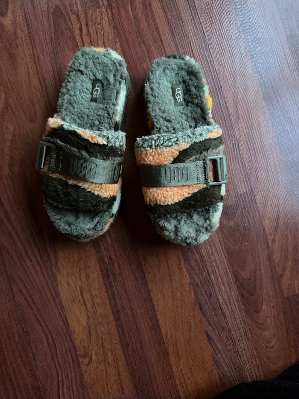UGG Olive Gray & Tan Fuzzy Slide Sandals